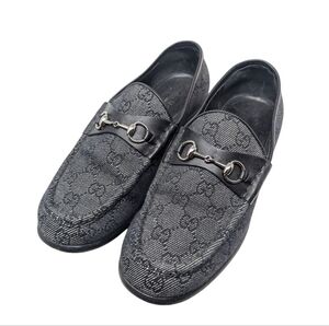 Gucci Black Horsebit GG Monogram Web Denim & Leather Vintage Loafer Size 9.5